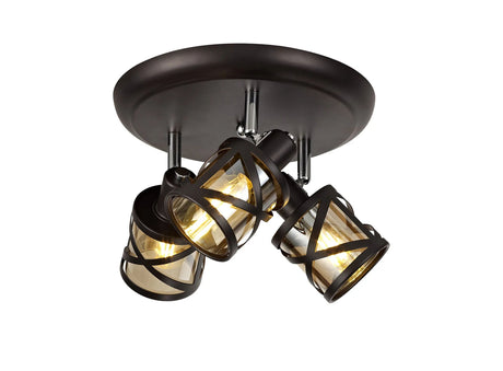 Ritchie 3 Light Round Spotlight E14, Oiled Bronze/Polished Chrome/Amber