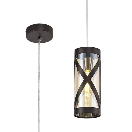 Ritchie 1 Light Pendant E14, Oiled Bronze/Polished Chrome/Amber