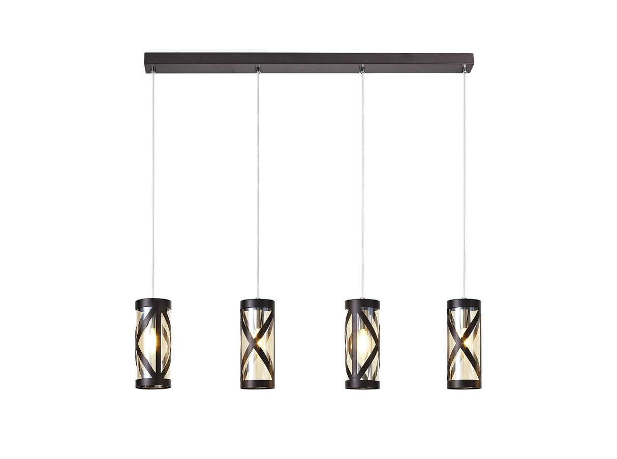 Ritchie 4 Light Bar Linear Pendant E14, Oiled Bronze/Polished Chrome/Amber