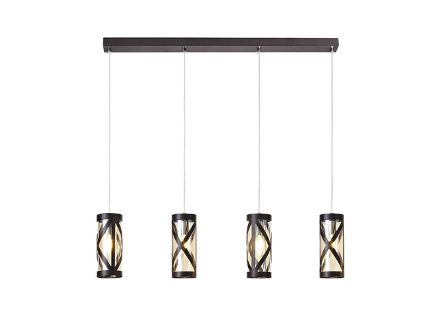 Ritchie 4 Light Bar Linear Pendant E14, Oiled Bronze/Polished Chrome/Amber