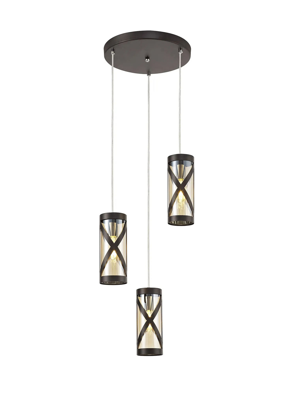Ritchie 3 Light Round Pendant E14, Oiled Bronze/Polished Chrome/Amber