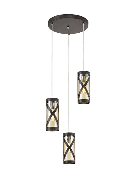 Ritchie 3 Light Round Pendant E14, Oiled Bronze/Polished Chrome/Amber