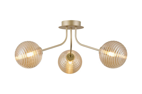Rix Semi Flush Light, 3 Light G9, Light Painted Beige/Amber Ribbed Round Glass Shade