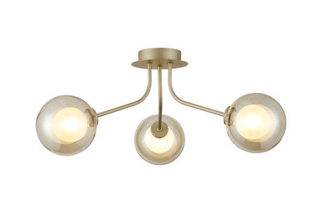 Rix Semi Flush Light, 3 Light G9, Light Painted Beige/Cognac Round With Inner Glass Shade
