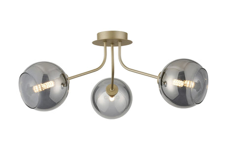 Rix Semi Flush Light, 3 Light G9, Light Painted Beige/Smoke Plated Open Mouth Round Glass Shade
