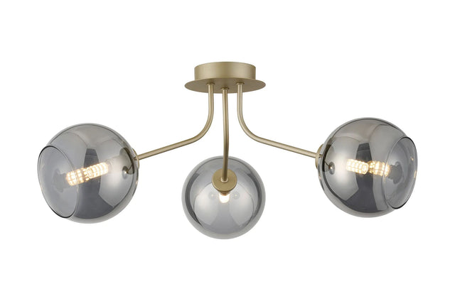 Rix Semi Flush Light, 3 Light G9, Light Painted Beige/Smoke Plated Open Mouth Round Glass Shade