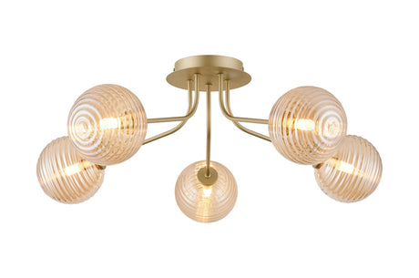Rix Semi Flush Light, 5 Light G9, Light Painted Beige/Amber Ribbed Round Glass Shade