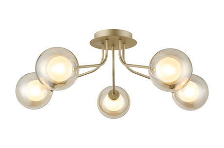 Rix Semi Flush Light, 5 Light G9, Light Painted Beige/Cognac Round With Inner Glass Shade