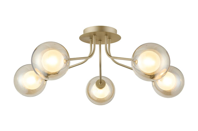 Rix Semi Flush Light, 5 Light G9, Light Painted Beige/Cognac Round With Inner Glass Shade