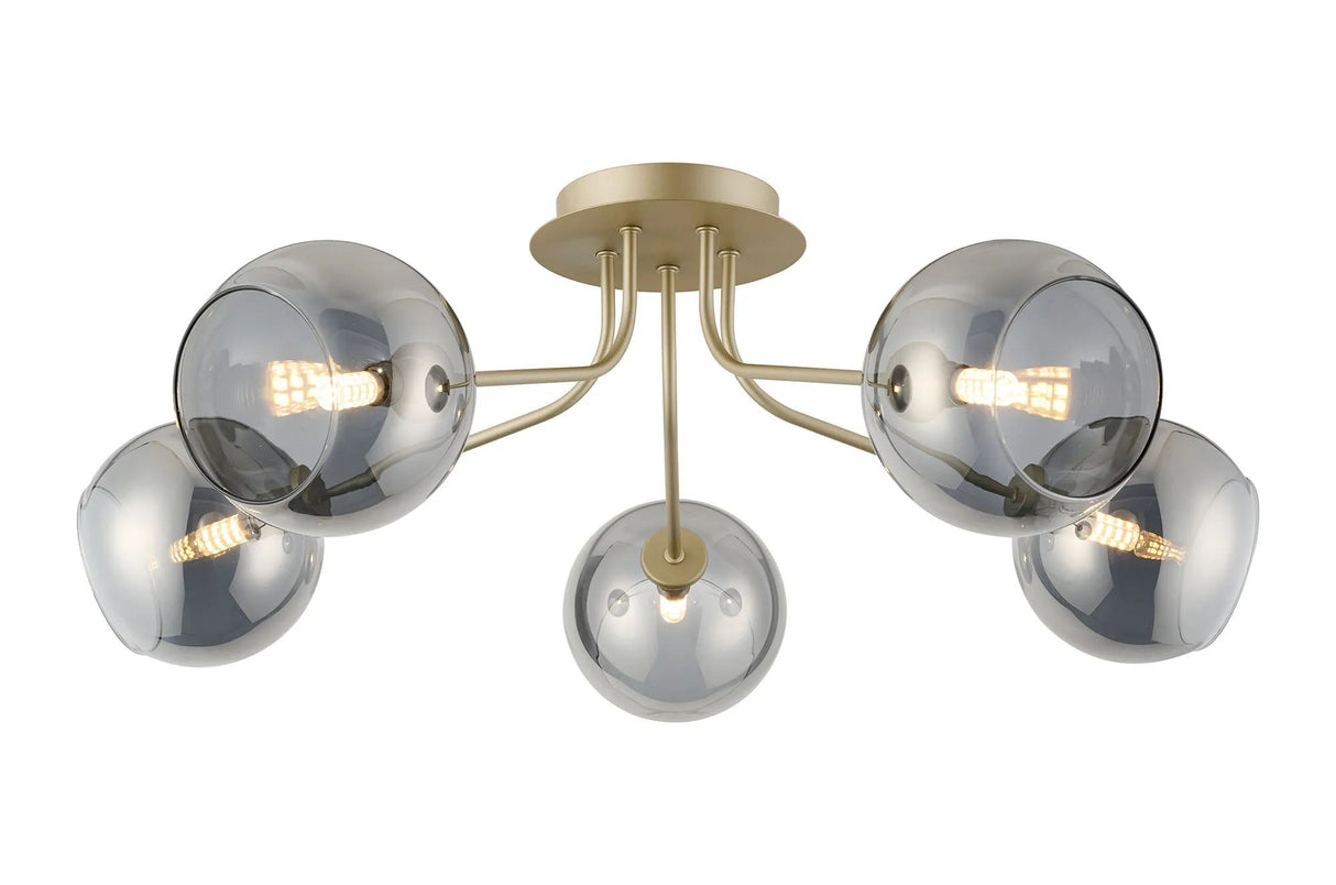 Rix Semi Flush Light, 5 Light G9, Light Painted Beige/Smoke Plated Open Mouth Round Glass Shade