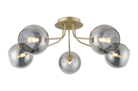 Rix Semi Flush Light, 5 Light G9, Light Painted Beige/Smoke Plated Open Mouth Round Glass Shade