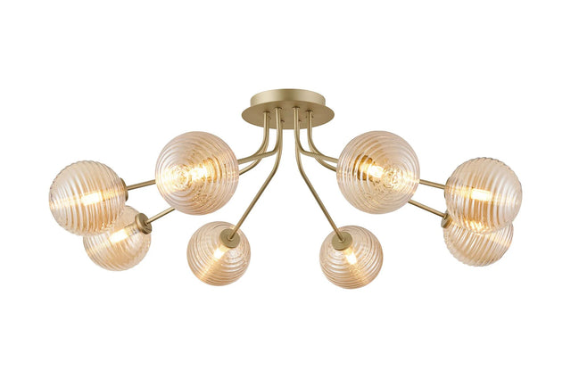 Rix Semi Flush Light, 8 Light G9, Light Painted Beige/Amber Ribbed Round Glass Shade