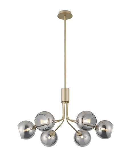 Rix Fixed Pendant, 6 Light G9, Light Painted Beige/Smoke Plated Open Mouth Round Glass Shade