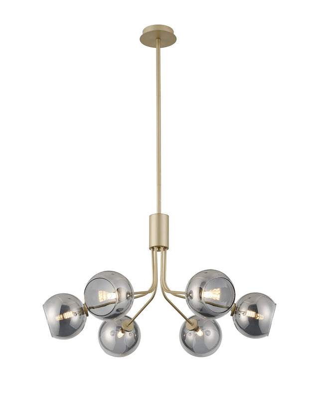 Rix Fixed Pendant, 6 Light G9, Light Painted Beige/Smoke Plated Open Mouth Round Glass Shade