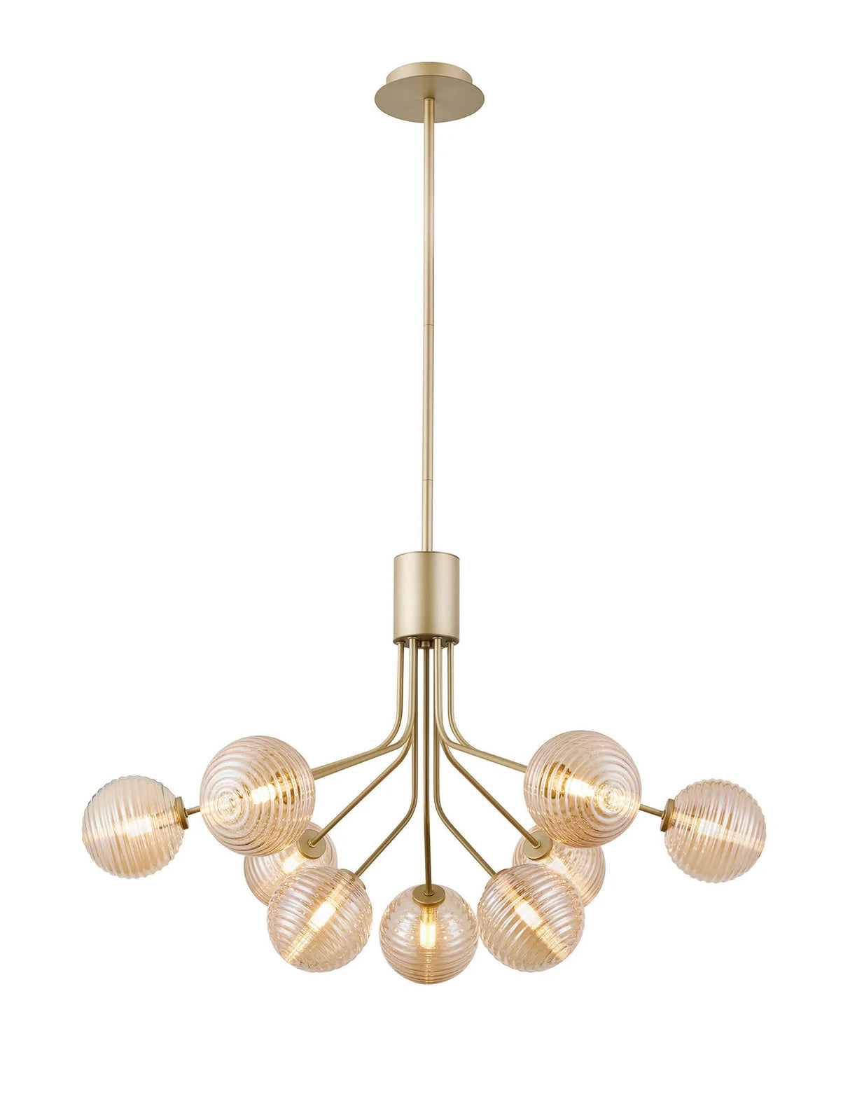 Rix Fixed Pendant, 6 + 3 Light G9, Light Painted Beige/Amber Ribbed Round Glass Shade