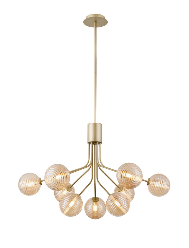 Rix Fixed Pendant, 6 + 3 Light G9, Light Painted Beige/Amber Ribbed Round Glass Shade