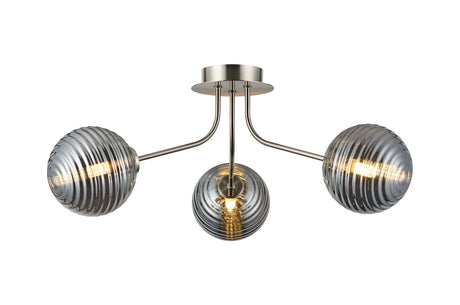 Rix Semi Flush Light, 3 Light G9, Satin Nickel/Smoke Ribbed Round Glass Shade
