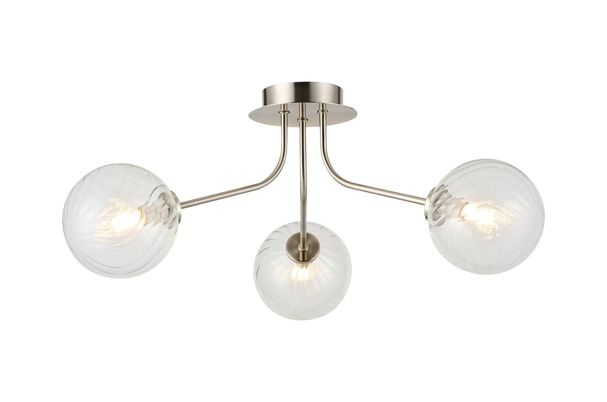 Rix Semi Flush Light, 3 Light G9, Satin Nickel/Clear Swirl Round Glass Shade