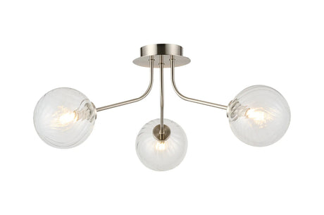Rix Semi Flush Light, 3 Light G9, Satin Nickel/Clear Swirl Round Glass Shade