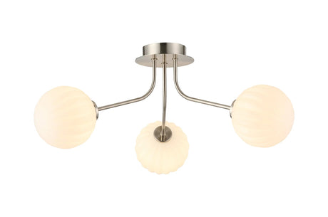Rix Semi Flush Light, 3 Light G9, Satin Nickel/Opal Round Segment Glass Shade