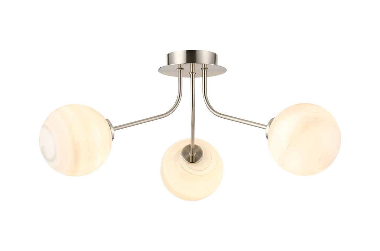 Rix Semi Flush Light, 3 Light G9, Satin Nickel/Grey Round Marble Effect Glass Shade