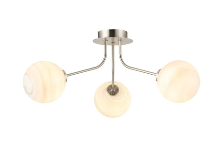 Rix Semi Flush Light, 3 Light G9, Satin Nickel/Grey Round Marble Effect Glass Shade
