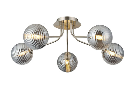 Rix Semi Flush Light, 5 Light G9, Satin Nickel/Smoke Ribbed Round Glass Shade