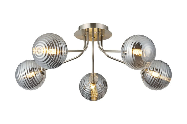 Rix Semi Flush Light, 5 Light G9, Satin Nickel/Smoke Ribbed Round Glass Shade