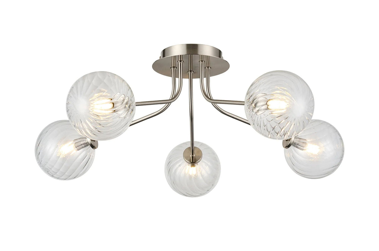 Rix Semi Flush Light, 5 Light G9, Satin Nickel/Clear Swirl Round Glass Shade