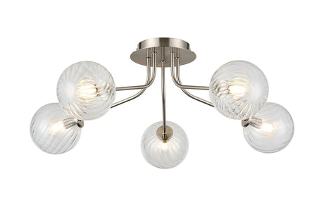 Rix Semi Flush Light, 5 Light G9, Satin Nickel/Clear Swirl Round Glass Shade
