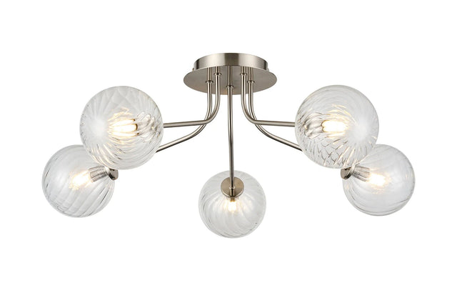 Rix Semi Flush Light, 5 Light G9, Satin Nickel/Clear Swirl Round Glass Shade