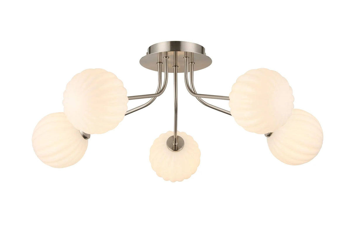 Rix Semi Flush Light, 5 Light G9, Satin Nickel/Opal Round Segment Glass Shade