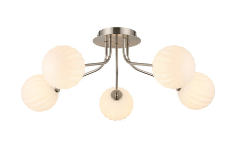 Rix Semi Flush Light, 5 Light G9, Satin Nickel/Opal Round Segment Glass Shade