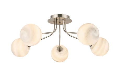 Rix Semi Flush Light, 5 Light G9, Satin Nickel/Grey Round Marble Effect Glass Shade