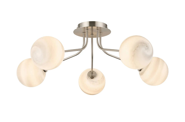 Rix Semi Flush Light, 5 Light G9, Satin Nickel/Grey Round Marble Effect Glass Shade