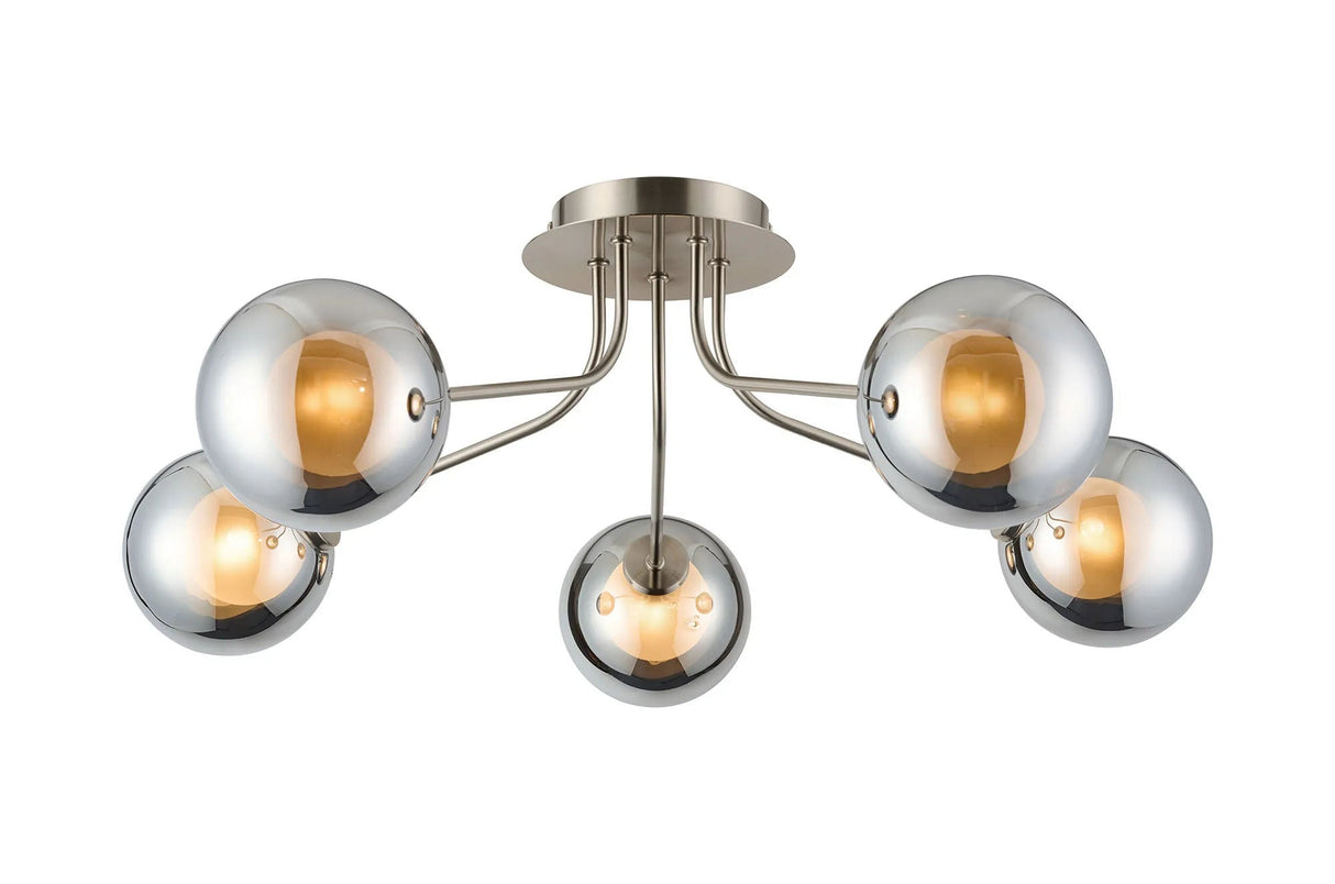 Rix Semi Flush Light, 5 Light G9, Satin Nickel/Chrome Round With Inner Glass Shade
