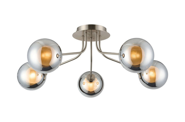 Rix Semi Flush Light, 5 Light G9, Satin Nickel/Chrome Round With Inner Glass Shade