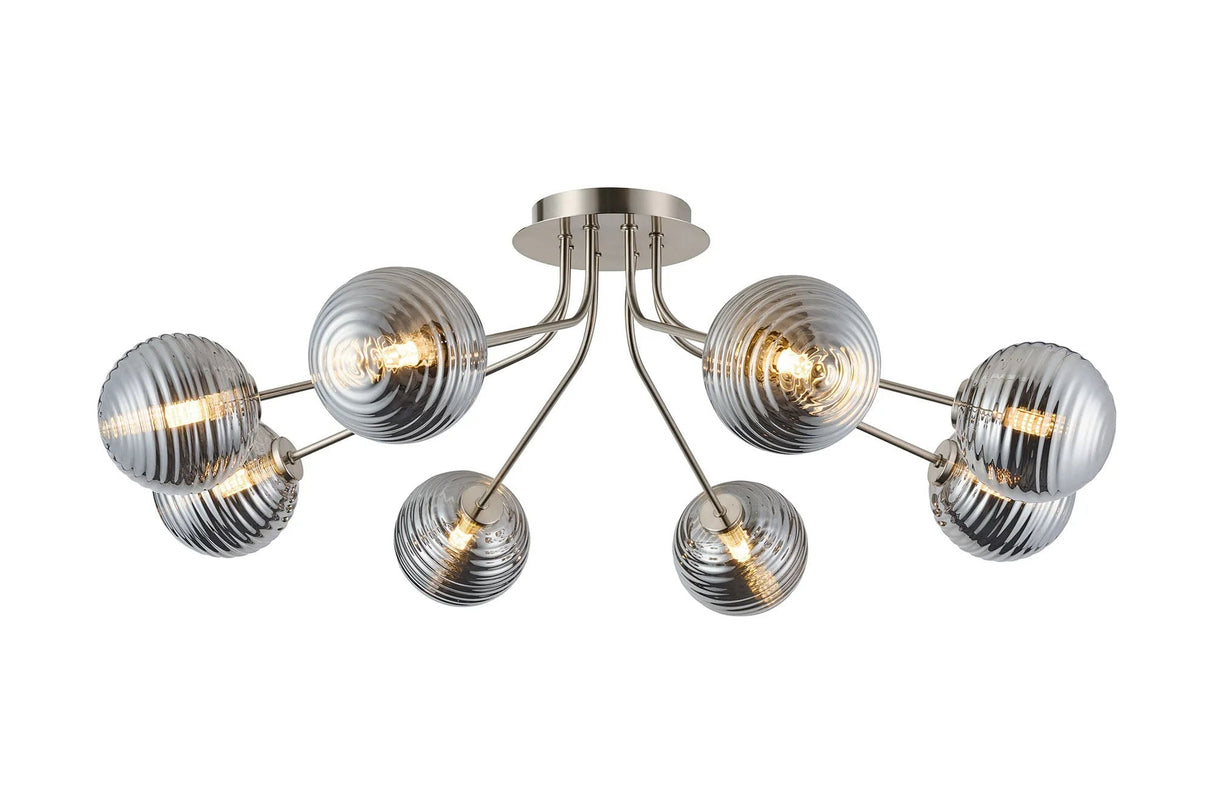 Rix Semi Flush Light, 8 Light G9, Satin Nickel/Smoke Ribbed Round Glass Shade