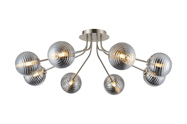 Rix Semi Flush Light, 8 Light G9, Satin Nickel/Smoke Ribbed Round Glass Shade