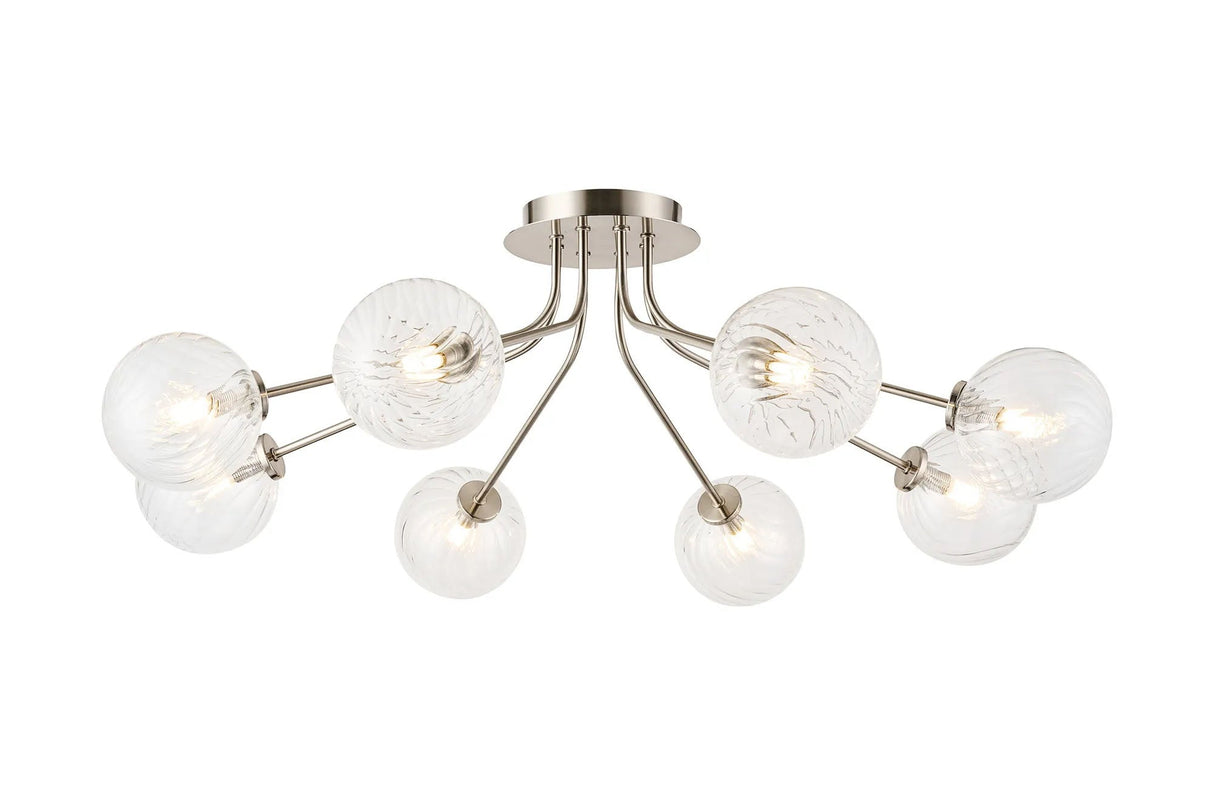 Rix Semi Flush Light, 8 Light G9, Satin Nickel/Clear Swirl Round Glass Shade