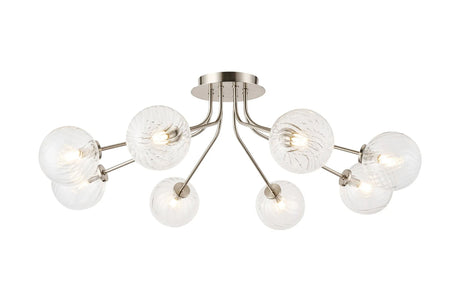 Rix Semi Flush Light, 8 Light G9, Satin Nickel/Clear Swirl Round Glass Shade