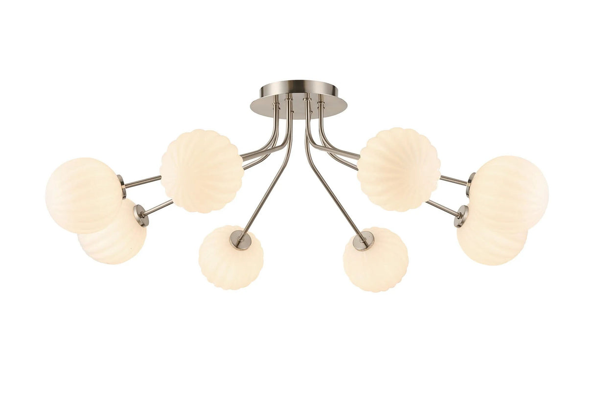 Rix Semi Flush Light, 8 Light G9, Satin Nickel/Opal Round Segment Glass Shade