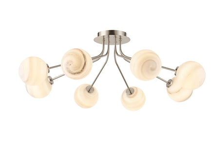 Rix Semi Flush Light, 8 Light G9, Satin Nickel/Grey Round Marble Effect Glass Shade