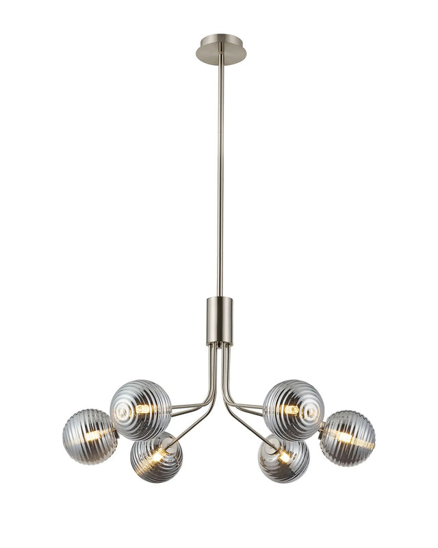 Rix Fixed Pendant, 6 Light G9, Satin Nickel/Smoke Ribbed Round Glass Shade