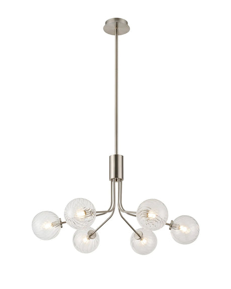 Rix Fixed Pendant, 6 Light G9, Satin Nickel/Clear Swirl Round Glass Shade