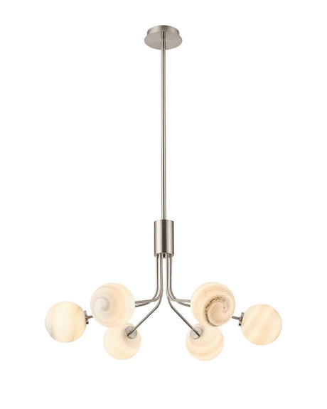 Rix Fixed Pendant, 6 Light G9, Satin Nickel/Grey Round Marble Effect Glass Shade