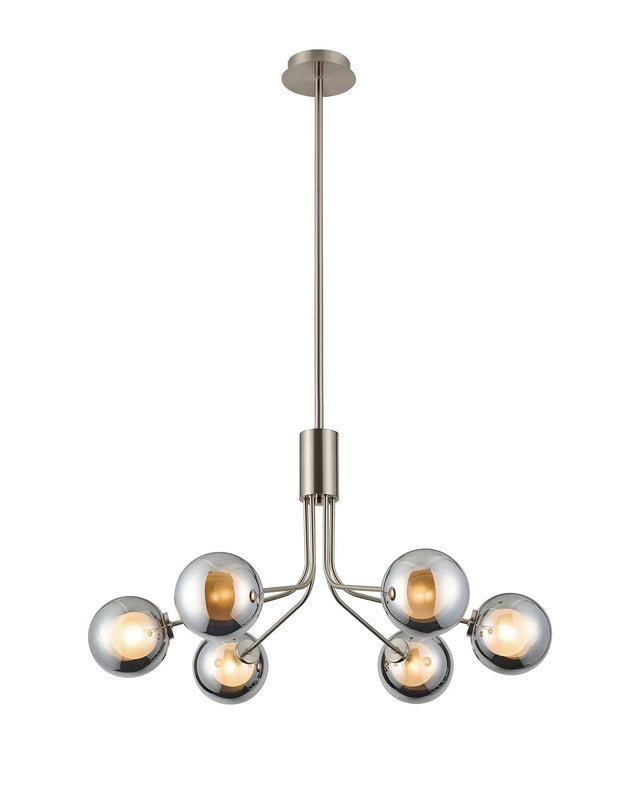 Rix Fixed Pendant, 6 Light G9, Satin Nickel/Chrome Round With Inner Glass Shade