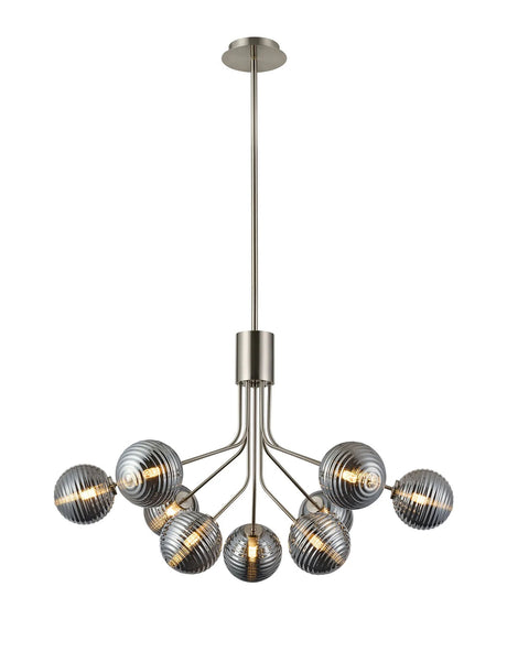 Rix Fixed Pendant, 6 + 3 Light G9, Satin Nickel/Smoke Ribbed Round Glass Shade