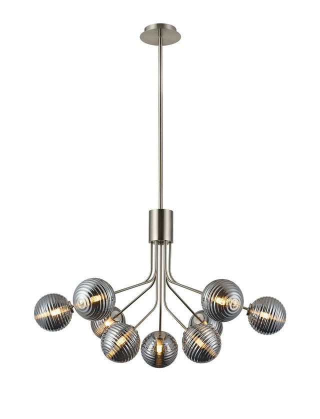 Rix Fixed Pendant, 6 + 3 Light G9, Satin Nickel/Smoke Ribbed Round Glass Shade
