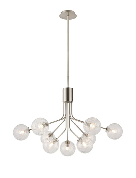 Rix Fixed Pendant, 6 + 3 Light G9, Satin Nickel/Clear Swirl Round Glass Shade